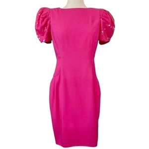 Vtg 80s Morton Myles Sequined Puff Sleeve Cocktail Dress Magenta Pink Size 12P